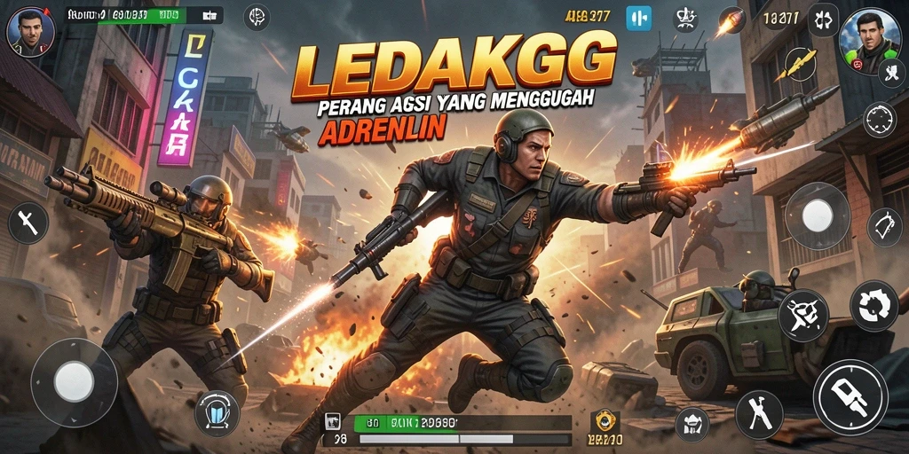 Screenshot LEDAKGG menunjukkan pertempuran menegangkan dengan berbagai karakter.