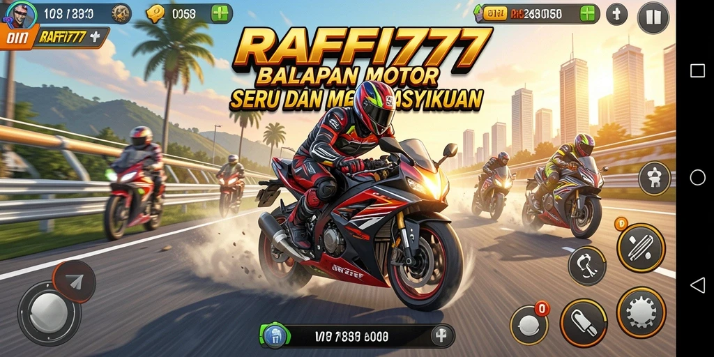 Screenshot gameplay RAFFI777 menampilkan aksi balapan motor yang mendebarkan.